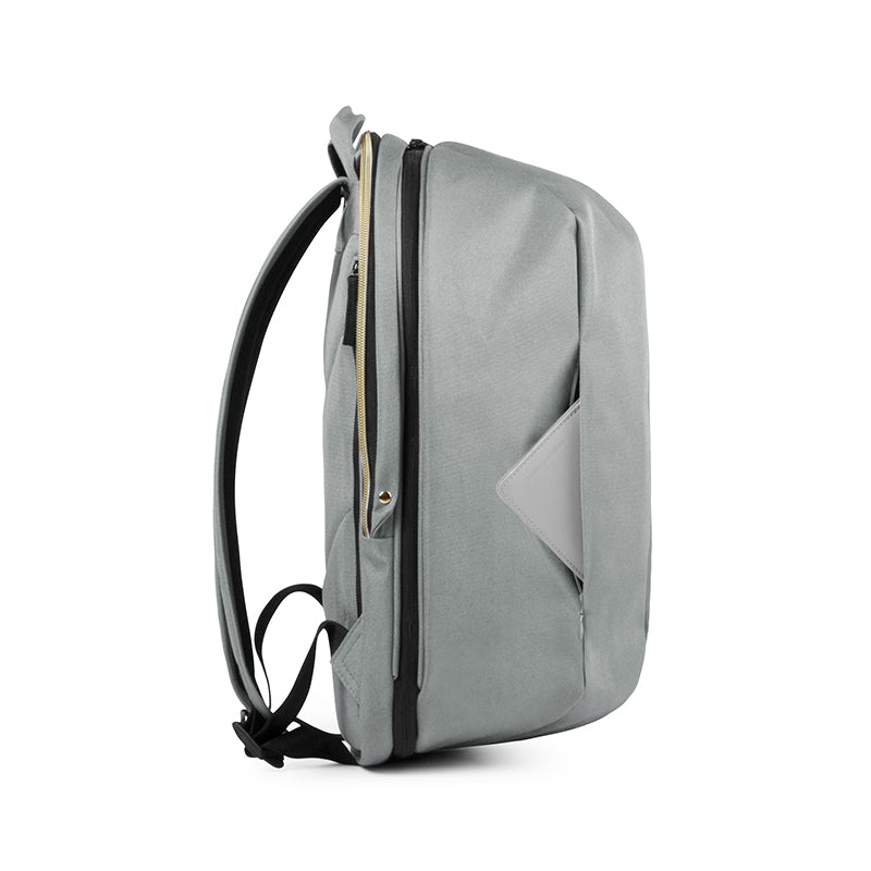 Urban Forest BEETLE Expandable Backpack - Fog Grey - side view before expand with pocket showing